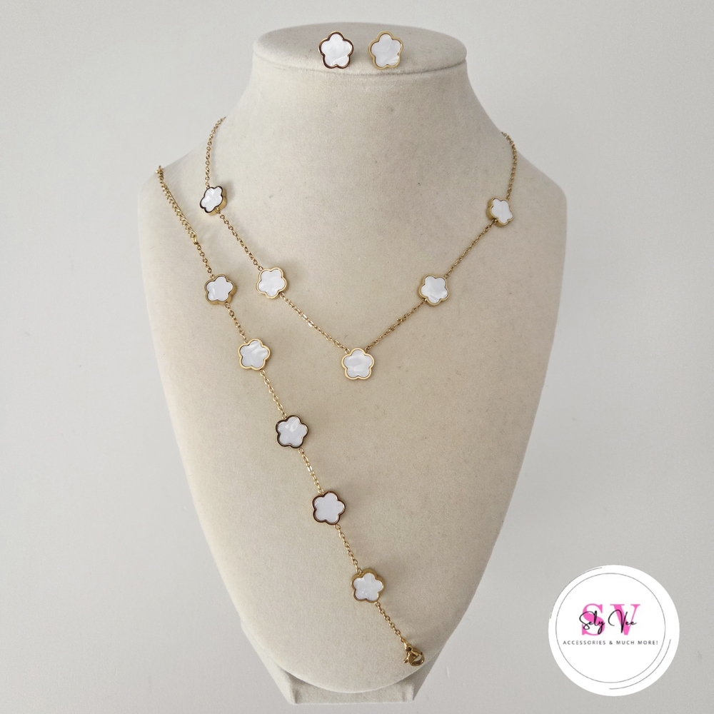 Bundle Of 3 Stainless Steel White And Gold Necklace, Earrings And Bracelet
